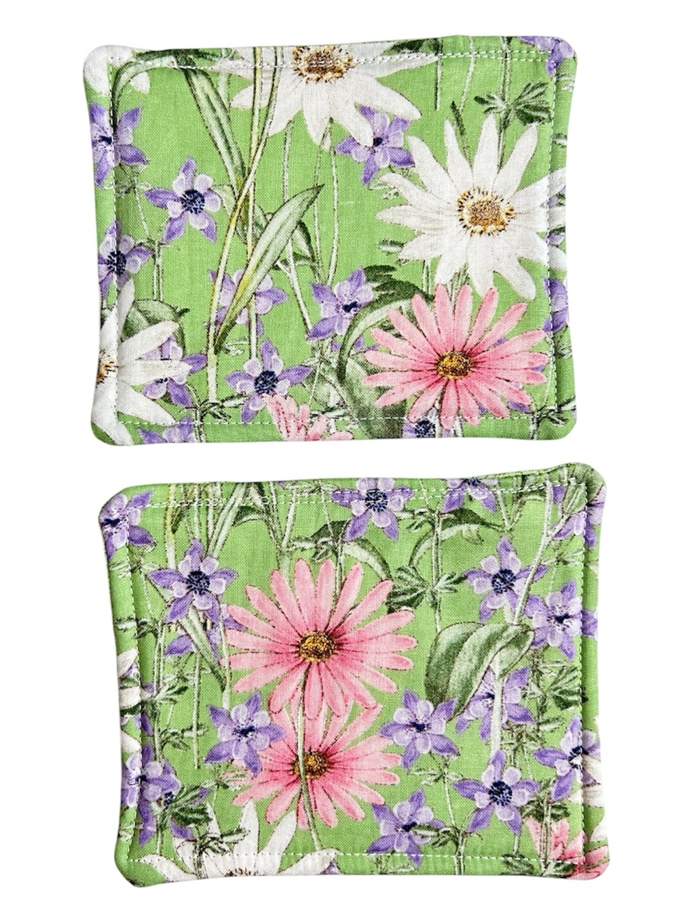Hand Crafted Wildflowers Purple Green Floral Quilted Coaster Mug Rug Cotton